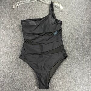 Black One Shoulder Swimsuit Women's Ruched Mesh Panel New